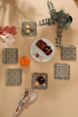 Leopar Desen Kare Pasta Tabağı 18 Cm 6 Adet. Leopar desen kare pasta tabağı. - GÜRCÜGLASS