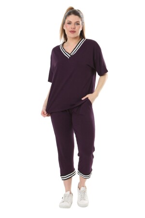 Lila Damen-Capri-Anzug mit V-Ausschnitt und Streifen, kurzen Ärmeln und elastischem Bund - Melsay