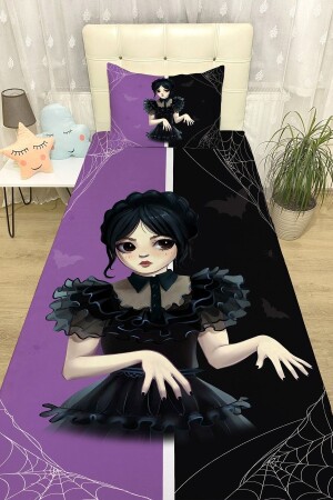 Lila und schwarze gemusterte Tagesdecke und Kissenbezug Wednesday Addams - Evpanya
