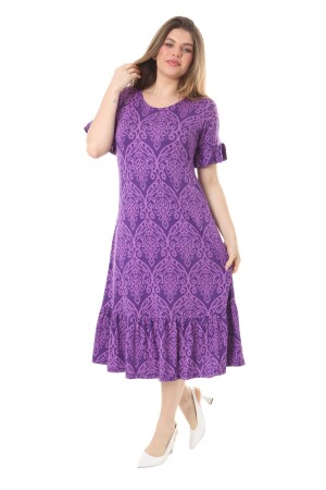 Lilafarbenes Damenkleid mit Kelimmuster, kurzen Ärmeln, Rüschen und Taschen - Melsay