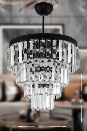 Linsa 35 Cm'lik Kristal Cam Taşlı Lüks Avize - (MAT SİYAH) PY-200-35S - Avizemoda