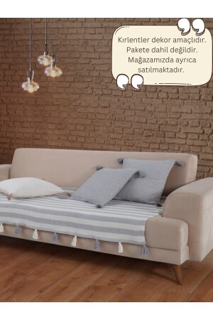 Liva Ponponlu Gri Koltuk Örtüsü 115 x 200 cm Kanepe Divan Çekyat Berjer Örtüsü Şalı Püsküllü - Lux Touch