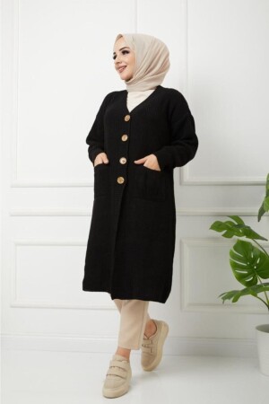 Lockerer Damen-Cardigan aus schwarzem Strick mit geknöpften Taschen und Taschen, Größe 49 - 1