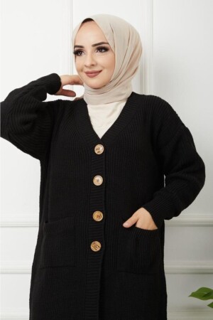 Lockerer Damen-Cardigan aus schwarzem Strick mit geknöpften Taschen und Taschen, Größe 49 - 2