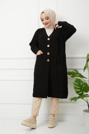 Lockerer Damen-Cardigan aus schwarzem Strick mit geknöpften Taschen und Taschen, Größe 49 - 4