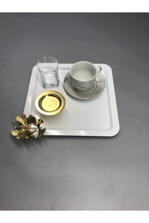 Lüx Kelebek Aksesuarlı Paslanmaz Çelik Kare 6’lı Beyaz Kahve, Çay, Dekoratif Sunum Servis Tepsisi MZKBK666 - 3