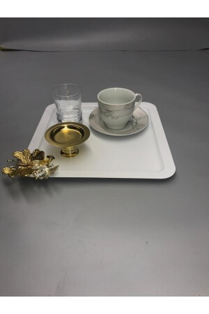 Lüx Kelebek Aksesuarlı Paslanmaz Çelik Kare 6’lı Beyaz Kahve, Çay, Dekoratif Sunum Servis Tepsisi MZKBK666 - 4