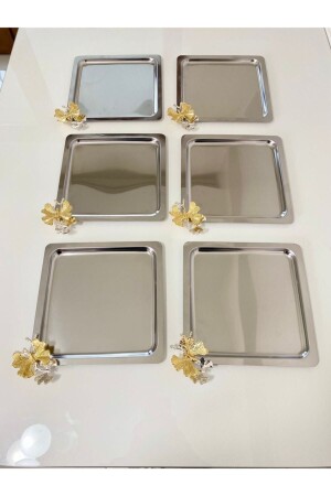 Lüx Kelebek Aksesuarlı Paslanmaz Çelik Kare 6’lı Gümüş Kahve, Çay, Dekoratif Sunum Servis Tepsisi KHZKPAS6 - Kumsal Hediyelik