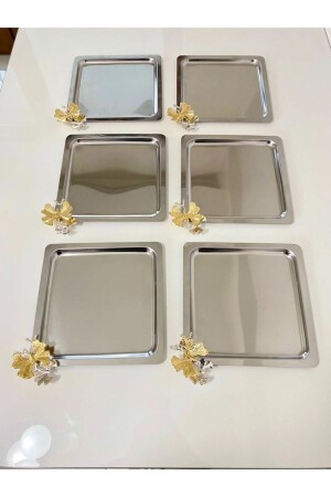 Luxuriöses quadratisches Schmetterlings-Zubehör aus Edelstahl, 6-teilig, silberfarben, für Kaffee, Tee, dekoratives Präsentations-Serviertablett MZKBK667 - NEWTREND Züccaciye