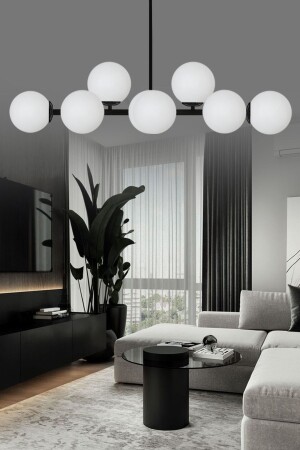 Luxury Modern Tasarım Siyah 10'lü Beyaz Glop Camlı Avize SEF127 - ŞL Şef Light