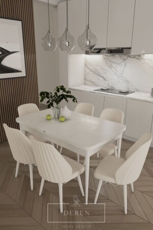 Mabel Serisi- 80x132 Mutfak Ve Salon Yemek Masası Takımı 6 Adet Krem Sandalye - Deren Home