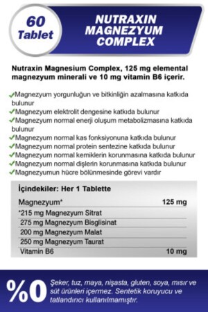 Magnezyum Complex 60 Tablet 125 Mg - Bisiglinat - Taurat - Malat - Sitrat - B6 8680512632108 - 3