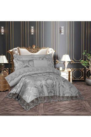 Mahidevran 9 Parça Fransız Dantelli Çift Kişilik %100 Pamuklu Gelin Seti Nevresim Takımı Gri ÇBMHG - Çeyiz Bahçesi