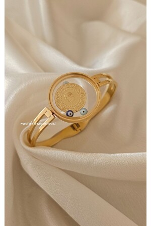 Manschettenarmband aus viertelgoldfarbenem Stahl mit Glasrahmen, viertel- und halbgoldenes Armband aus Stahl - M Mavi Deniz Accesories