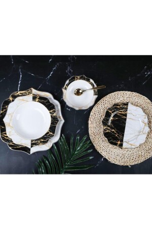 Marble Siyah Beyaz Mermer Desen 24 Parça Bone Chına Yemek Takımı Ekselans-120 EKSELANS-120 - Sembol
