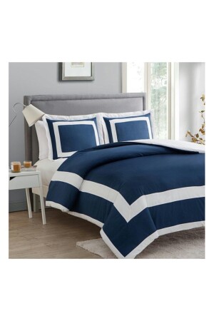 Marineblau-weißes King-Size-Bettbezug-Set aus Baumwollsatin fehlt - METİNEV