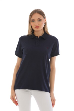 Marineblaues Damen-T-Shirt mit Polokragen aus Baumwoll-Lycra mit kurzen Ärmeln und Stickerei - Wapp
