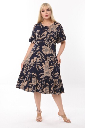 Marineblaues Damenkleid in Übergröße mit Palmenmuster und Taschen, Rüschenärmeln und Rock - Melsay