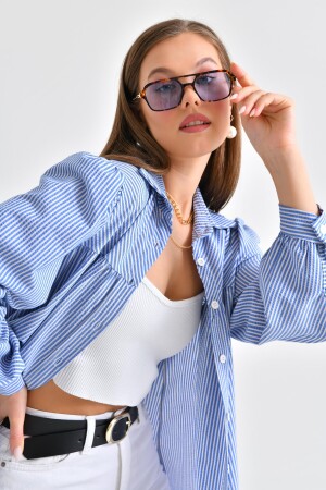 Mavi Çizgili Bürümcük Kumaş Verev Roba Ve Büzgü Detaylı - Saade