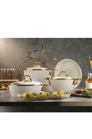 Maya 7-teiliges Kochgeschirrset mit Granitmuster, Goldgriff, Weiß - Lines
