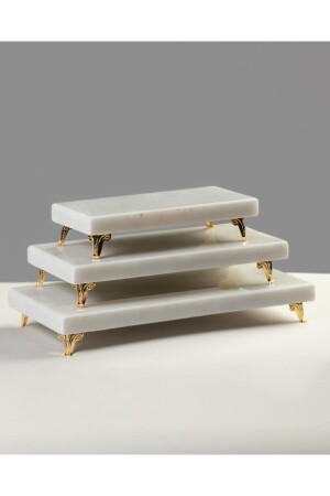Mermer Sunumluk Altın 3'lü Set Pasta Sunumu, Metal Profil Ayak MERALP100 - MERALP
