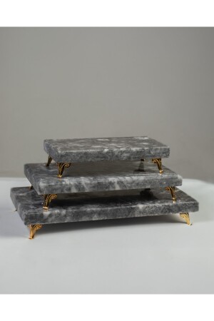 Mermer Sunumluk Altın 3'lü Set Pasta Sunumu, Metal Profil Ayak MERALP100 - 1