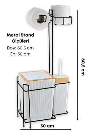 Metal Standlı Ahşap Desenli Wc Kağıtlık 6 Parça Lüx Banyo Seti Beyaz GM0358 - 2