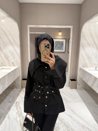 Mina Gold Düğmeli Gömlek - Siyah - Duendeca