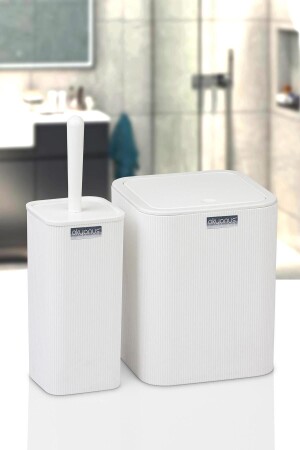 Mina weiß gestreifter, quadratischer WC-Eimer und Bürste, 2er-Set - Okyanus Home