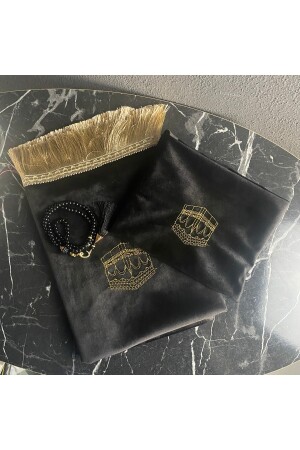 Minimal Kabe Desenli Çantalı Kadife Seccade -Siyah 70 x 110 - 2