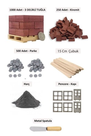 Minyatür Inşaat Seti 1000 Tuğla 250 Kremit 500 Parke Taşı Meral Spatula Harç - Minyatür Hane