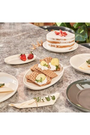 Modern 2li Krem 30 Cm Büyük Boy Kayık Günlük Sunum Tabağı Servis Seti - Porselenden