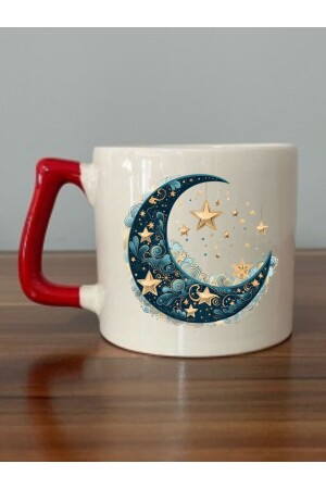Moderne Tasse mit Mond und Stern und rotem Henkel – Keramik-Geschenktasse für Tee und Kaffee - Lili Hediyelik