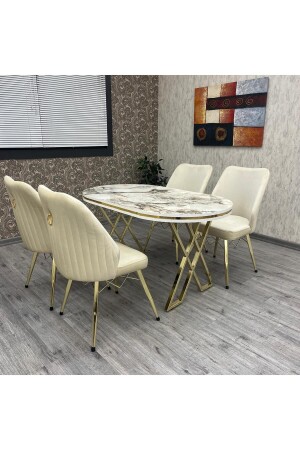 Mutfak Masa Sandalye Takımı Karnel 80-140 Oval Gold Beyaz Mermer 4 Ki?şi?li?k Mutfak Masa Takimi - By Orhan Güzel