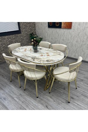 Mutfak Masa Sandalye Takımı Selenit 80-140 Oval Gold 6 Kişilik Mutfak Masası Takımı - By Orhan Güzel