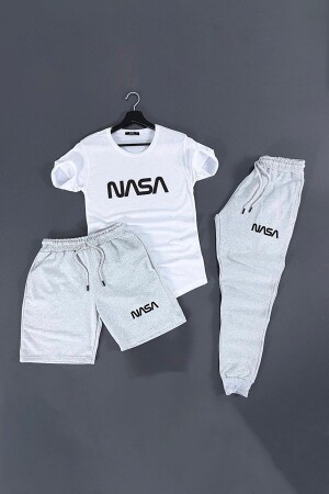 Nasa Baskılı Pamuklu Kısa Kollu Yazlık Slim Fit 3 lü Unisex Eşofman Takımı - Trendypassion