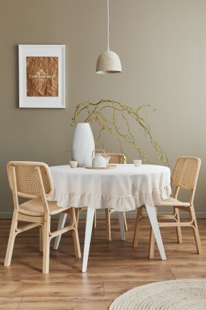 Naturel Fırfırlı Masa Örtüsü Vintage 160 Cm Yuvarlak - Cotton Maison
