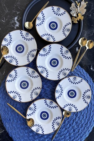 Nazar Boncuğu 6 Parça 11 Cm 6 Kişilik Porselen Mat Altın Yaldızlı Çay Tabağı Takımı PDNB06CT520 - porselenden