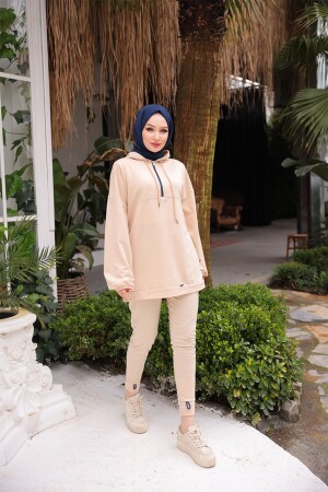 Neon Fermuarlı Kapüşonlu Eşofman Takımı TRN2040-1 Krem - Burcu Tesettür