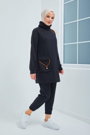 Neon Lastik Detayli Ikili Eşofman Takımı Trn2080 Siyah - Burcu Tesettür