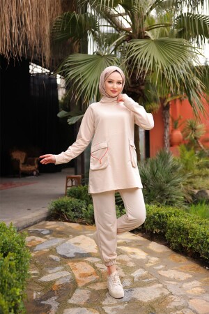 Neon Lastik Detayli İkili Eşofman Takımı TRN2080 Taş - Burcu Tesettür