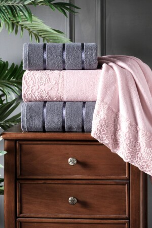 Nilüfer 4-teiliges Handtuchset aus Samt mit Schnürung, türkisches Badeset, Mitgift-Set - Güvenal