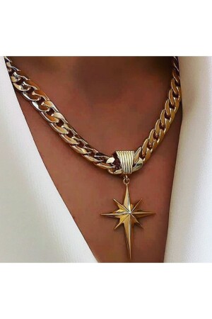 North Star rhodinierte dicke Kette in Goldfarbe - Elmas Dizayn