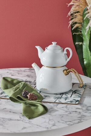 Nv10055 Porselen Demlikli Beyaz Emaye Çaydanlık Takımı - Neva