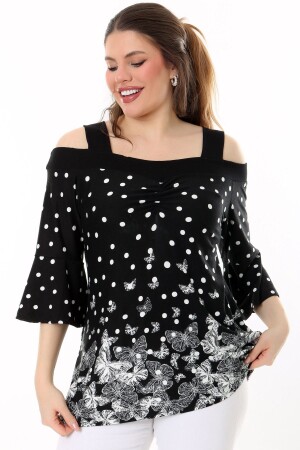 Ön Arka U Yaka Göğsü Büzgülü Askılı Omzu Açık Kelebek Baskılı Volanlı İspanyol Çeyrek Kol Rahat Bluz - Kheos