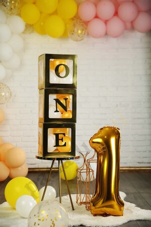 One Yazılı Gold Kutu Ve Balon Seti Bebek 1 Yaş Doğum Günü Kutlama PG0504 - 2
