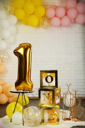One Yazılı Gold Kutu Ve Balon Seti Bebek 1 Yaş Doğum Günü Kutlama PG0504 - 4