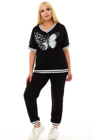 Önü Kelebek Desen Taş Işlemeli Kısa Kol V Yaka Cepli Bel Lastikli Ve Bağçıklı Rahat Eşofman Takım - Kheos