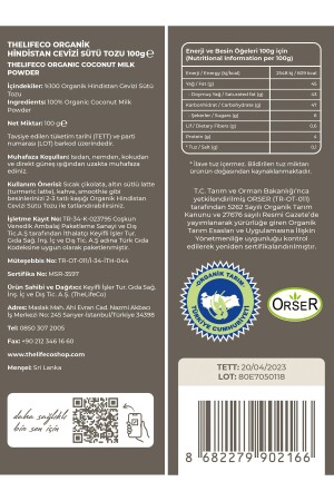 Organik Hindistan Cevizi Sütü Tozu 100 G (glutensiz, Vegan) THELİFEZER3234 - 2