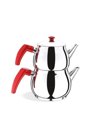 Orta Boy Renkli Saplı Çelik Seti-kırmızı Kendinden Süzgeçli çaydanlık bagalirt orta - 1